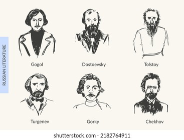 Famous russian writers portrait sketch. Russian literature and philosophy iconic persons. Tolstoy, Dostoevsky, Gogol, Turgenev, Chekhov, Gorky.