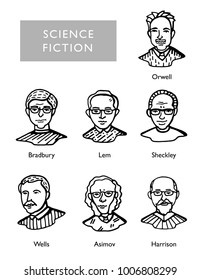 famous science fiction writers, vector portraits, Bradbury, Lem, Sheckley, Orwell, Wells Asimov Harrison