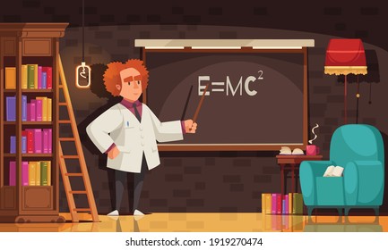 Famous scientist composition with view of man in vintage room with bookcase chair and blackboard vector illustration