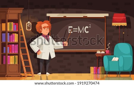 Famous scientist composition with view of man in vintage room with bookcase chair and blackboard vector illustration