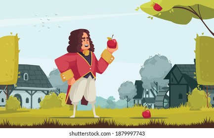 Famous scientist newton composition with outdoor scenery and doodle character in vintage outfit holding an apple vector illustration