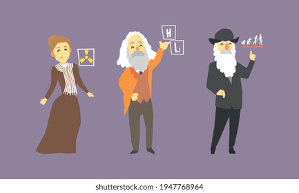 Famous Scientist Set, Marie Curie, Dmitry Mendeleev, Charles Darwin Vector Illustration