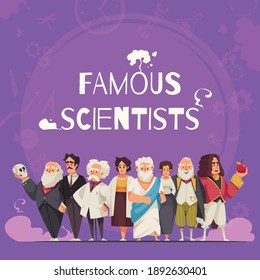 Composición de científicos famosos con texto en marco redondo herramientas de ciencia iconos de silueta y doodle caracteres humanos ilustración vectorial