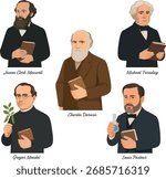 Famous scientists illustration: Charles Darwin, Michael Faraday, James Clerk Maxwell, Gregor Mendel, Louis Pasteur. Educational portrait set for science, biology, physics and chemistry.
