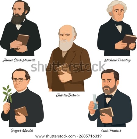 Famous scientists illustration: Charles Darwin, Michael Faraday, James Clerk Maxwell, Gregor Mendel, Louis Pasteur. Educational portrait set for science, biology, physics and chemistry.