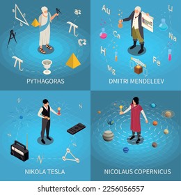 Famous scientists isometric set with four square compositions of pythagoras mendeleev tesla and copernicus with icons vector illustration