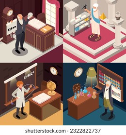 Famous scientists isometric set of four square compositions with antique vintage interiors with big inventors workplaces vector illustration