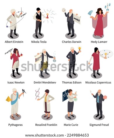 Famous scientists isometric set of isolated human characters with doodle representations of big heads with text vector illustration