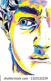 
The famous sculpture by David Michelangelo. Stylish poster. Design, art. Pop Art.