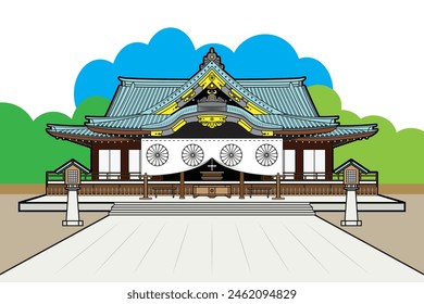 The famous Shinto shrine in Tokyo Japan - Yasukuni jinja Shrine with landscape and background drawing in colorful cartoon vector