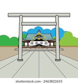 The famous Shinto shrine in Tokyo Japan - Yasukuni jinja Shrine with landscape and background see thru Torii Shinto entrance gate drawing in colorful cartoon vector