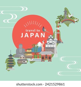 Lugares de interés famosos de Japón.
ilustración vectorial.