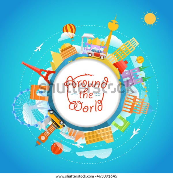 Famous signts around the world. Travel concept\
vector illustration. Around the\
world