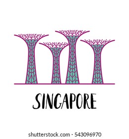 Famous Singapore landmark Gardens by the Bay with modern lettering made in flat style