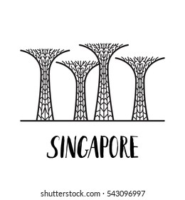 Famous Singapore landmark Gardens by the Bay with modern lettering made in line art style