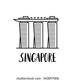 Famous Singapore landmark Marina bay Sands with modern lettering made in line art style