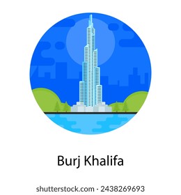 A famous skyscraper in dubai, burj khalifa flat rounded icon 