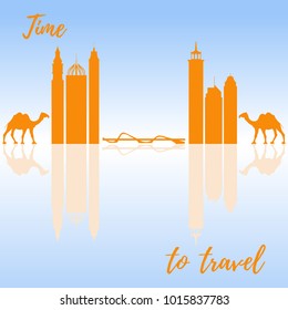 Famous skyscrapers of the world, bridge and camels. Buildings and symbols. Design for banner, poster or print.