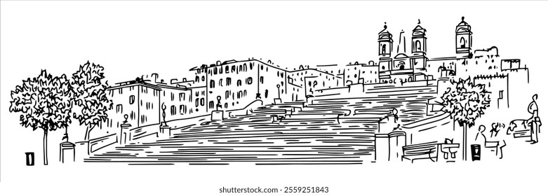 famous Spanish Steps in Rome hand drawing doodle hatching vector sketch