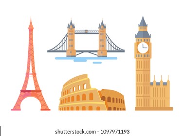 Famous spectacular world architectural attractions set. Tall Eiffel Tower, large London bridge, round Roman coliseum and Big Ben vector illustrations.