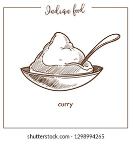 Famous spicy piquant curry sauce from traditional Indian food. Aromatic thick liquid dish of stewed vegetables with condiments in bowl with spoon isolated cartoon flat monochrome vector illustration.