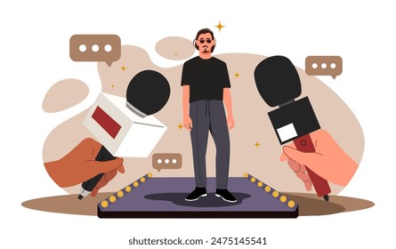 Famous star with journalists. Man stands in front of people with microphones. Celebrity, popular actor, musician or athlete at interview. Cartoon flat vector illustration isolated on white background