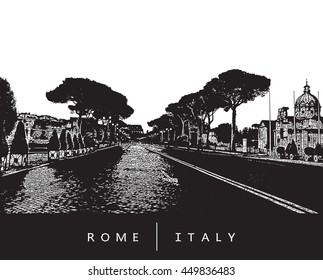 Famous street - Via dei Fori Imperiali in Rome (Italy). Vector illustration.
EPS 10. Image reworked after Auto-Trace for easy editing.