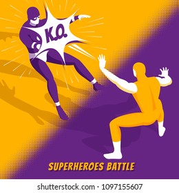 Famous superheroes movie characters fight in new computer videogame battle isometric orange purple screen image vector illustration 