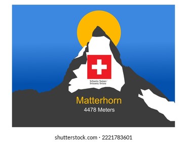 Famous Swiss mountain peak Matterhorn, Canton Valais, with a height of 4478 meters above sea level on a sunny summer day. Illustration made November 3rd, 2022, Zurich, Switzerland.