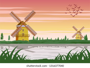 famous symbol of Holland,wind mill around with beautiful nature,vintage color,vector illustration