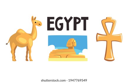 Famous Symbols of Ancient Egypt, Sphinx Statue, Ankh Cross, Camel Cartoon Vector Illustration