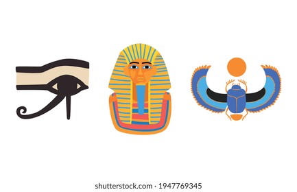 Famous Symbols of Ancient Egypt, Tutankhamen Pharaoh Mask, Eye of Horus, Scarab Cartoon Vector Illustration