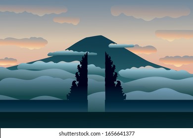 Famous temple in Bali. Lempuyang temple and mountain in clouds,  tranquil moment of peace in sunrise or sunset. Gate of the heaven. Modern hand drawn vector illustration, flat style
