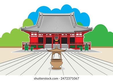The famous temple in Tokyo Japan – Senso ji Asakusa kannon temple main building with big red lantern have the Japanese text called Shinbashi with landscape and background drawing in vector
