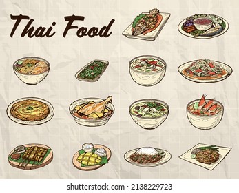 famous Thai food retro art elements suitable for decoration in menu poster or food presentation