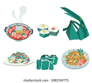 Famous Thai foods with Pad thai, Papaya salad , Tom Yum Kung or spicy shrimp soup, and Thai desserts on banana leaves, all on white background, illustration, vector