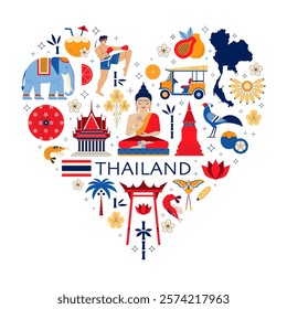 Famous Thailand and Bangkok tourist elements set in heart shape. I love Thai card or print with travel Asia symbols as elephant, Buddha, temple, fruits, tuk-tuk, Muay Thai fighter and Khon mask.