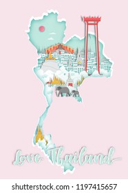 Famous Thailand landmark on map for travel poster,Thailand,bangkok in paper art style.