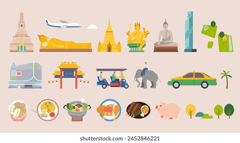 Famous Thailand tourist element set isolated on champagne color background.