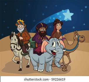 The famous three wise men riding a horse, and elephant and a camel. Vector illustration with simple gradients. All elements on separate layers for easy editing.