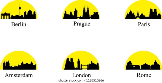 Famous tourist European cities skyline set - Berlin, Prague, Paris, Amsterdam, London, Rome