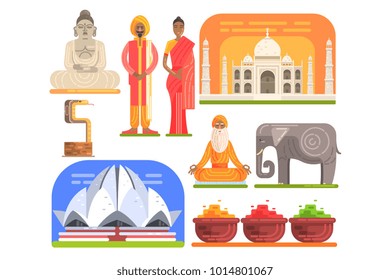 Famous Touristic Attractions To See In India. Traditional Tourism Symbols Of Indian Culture Including Clothing, Architecture And Religious Habits