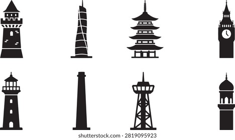Famous towers lighthouse Big Ben and skyscraper silhouettes collection