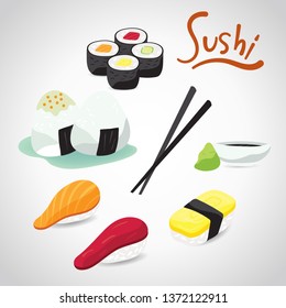 Famous traditional Japanese food like Sushi. yummy and delicious. Vector in cute and lovely drawing style.
