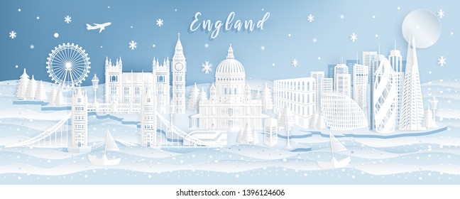 Famous Travel Landmark and Attraction in England, Postcard, Poster, Banner, Cover Image, Advertising Template, Object and Element in Paper Cut and Origami Style Panorama Background Vector Illustration