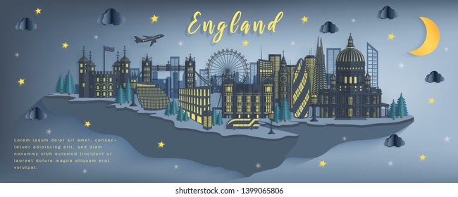 Famous Travel Landmark and Attraction in England at Night, Postcard, Poster, Banner, Cover Image, Advertising Template, Object and Element in Paper Cut Style Panorama Background Vector Illustration