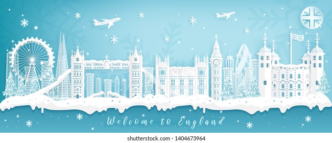 Famous Travel Landmark and Attraction in England, Postcard, Poster, Banner, Cover Image, Advertising Template, Object and Element in Paper Cut Style, Winter Season Background Vector Illustration