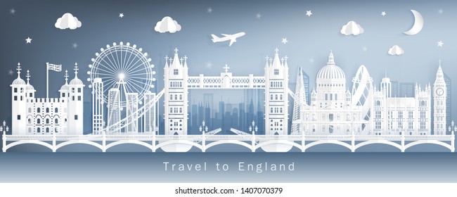 Famous Travel Landmark and Attraction in England in Paper Cut and Origami Style Panorama Background Vector Illustration