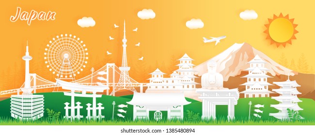 Famous Travel Landmark and Attraction in Japan, Postcard, Poster, Banner, Cover Image, Advertising Template, Object and Element in Paper Cut and Origami Style Panorama Background Vector Illustration
