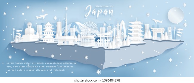 Famous Travel Landmark and Attraction in Japan, Postcard, Poster, Banner, Cover Image, Advertising Template, Object and Element in Paper Cut and 3D Land in Panorama Background Vector Illustration